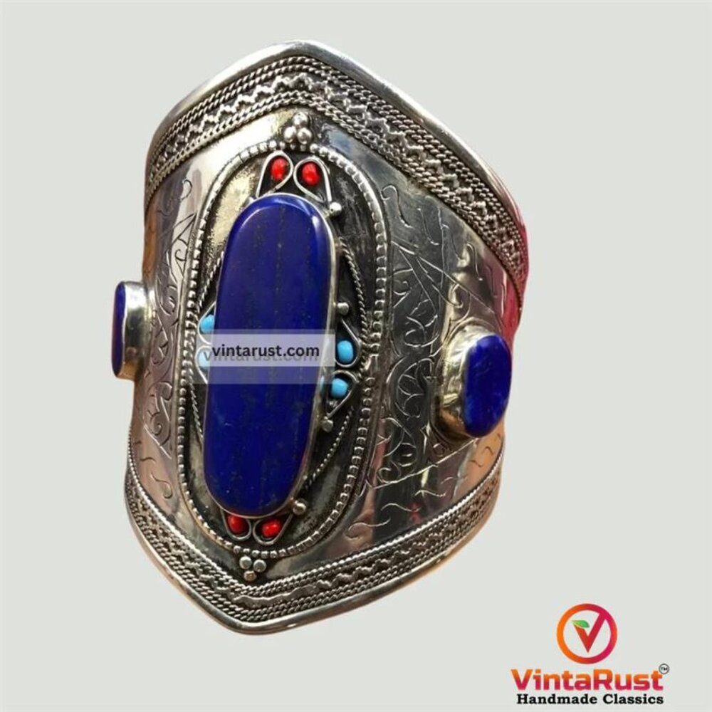 Single Kuchi Lapis Lazuli Cuff Bracelet: Vintage Tribal Boho Jewelry - Picture 9 of 13